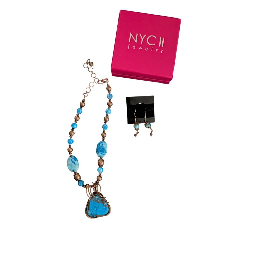 NYCII Jewelry Necklace & Earrings Set With Turquoise Pendant Copper